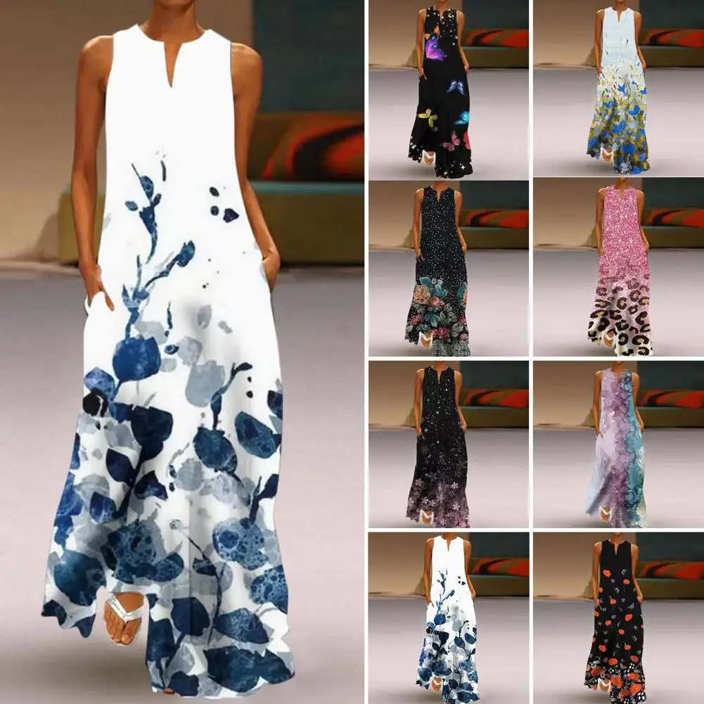 

Women Dress Flower Pattern Sleeveless V-Neck Super Soft Washable Decorative Polyester Women Summer Floral Print Ankle Dress
