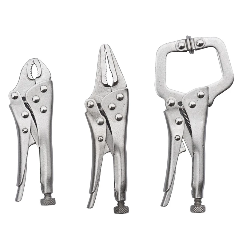

3Pcs Mini Vise Locking Pliers Set 4In Curved Jaw And 5In Long Nose And 5 In C Clamp Assorted Locking Welding Clamp