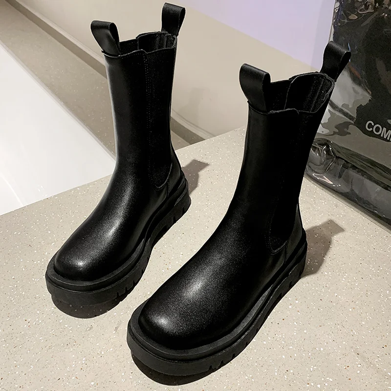 

2022 Women's Boots PU Leather Chelsea Non-slip Women's New Fashion and Calf Women's Boots Motorcycle Boots Botas Altas Mujer