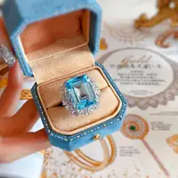 HOYON 18K gold color New sea blue topaz color full diamond style ring for women princess open ring female fashion hand jewelry