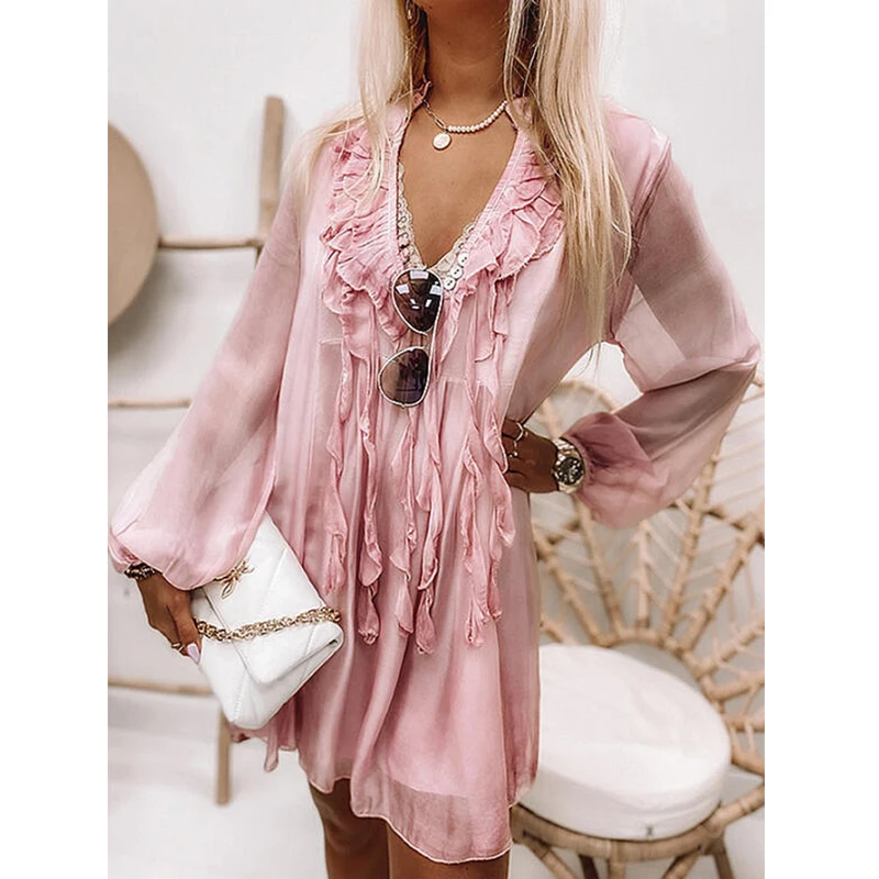 

Foridol V Neck Ruffels Long Sleeve Spring Summer Chiffon Dress Vestido Transparent Casual Beach Holiday Plus Size Loose Dress