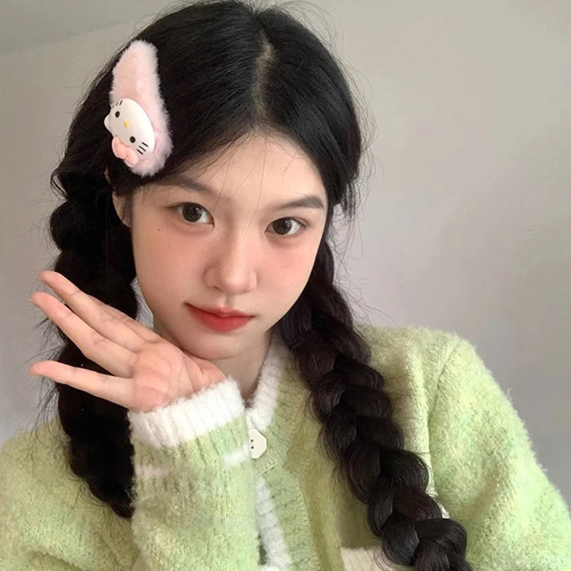 Sanrio Hello Kitty плюшевая заколка для волос с бантиком милый пушистый шарик розовая BB