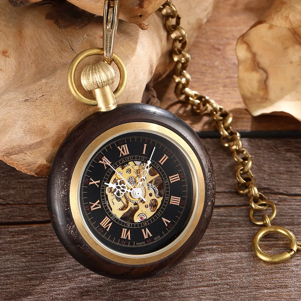 Wooden Gold Pocket Mechanical Watch Ladies Men's Hand Wind Chain Necklace Top Rose Black Wood Watches For Men and Women