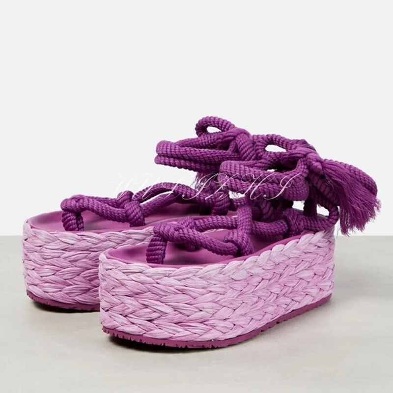 

Purple Woven Rope High Flat Platform Espadarille Sandals Open Tassel-Tie Gladiator Strappy Sandals Cutouts Casual Shoes