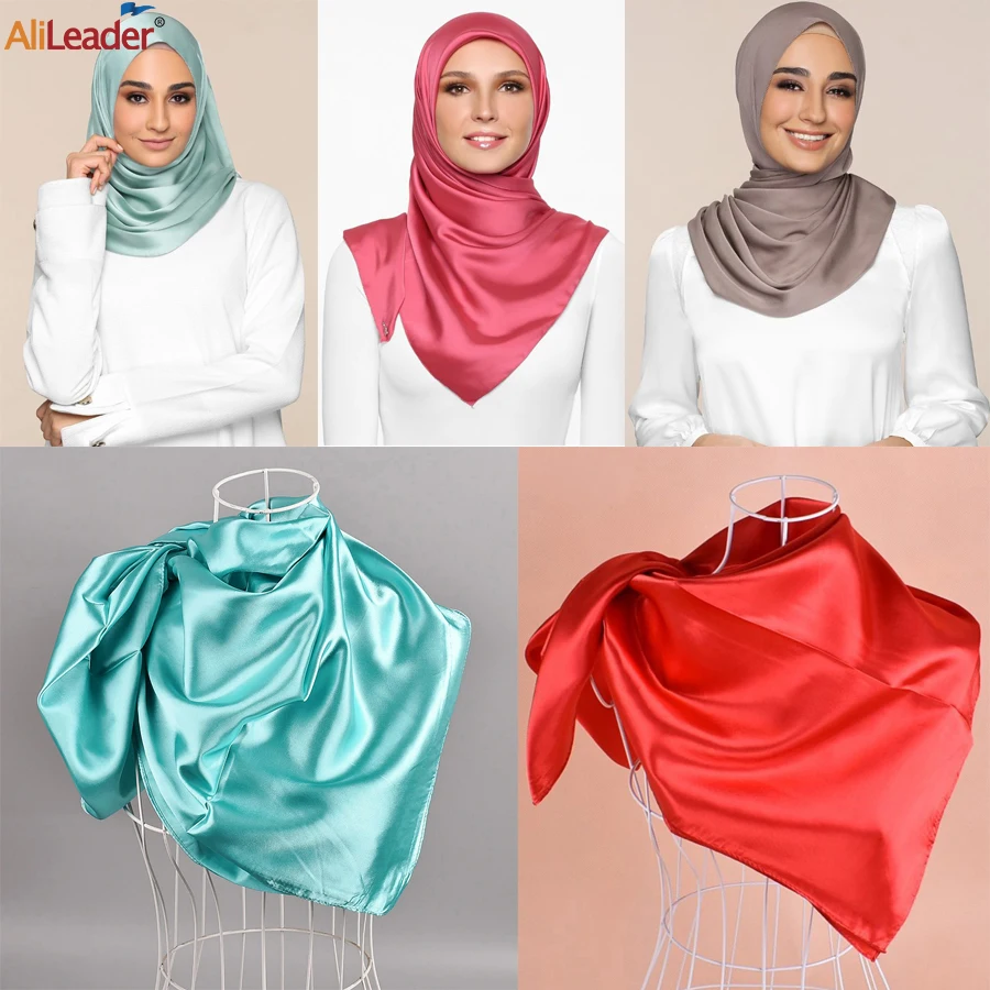 Дешевый большой атласный шарф 90 см хиджаб для женщин шелковые искусственные