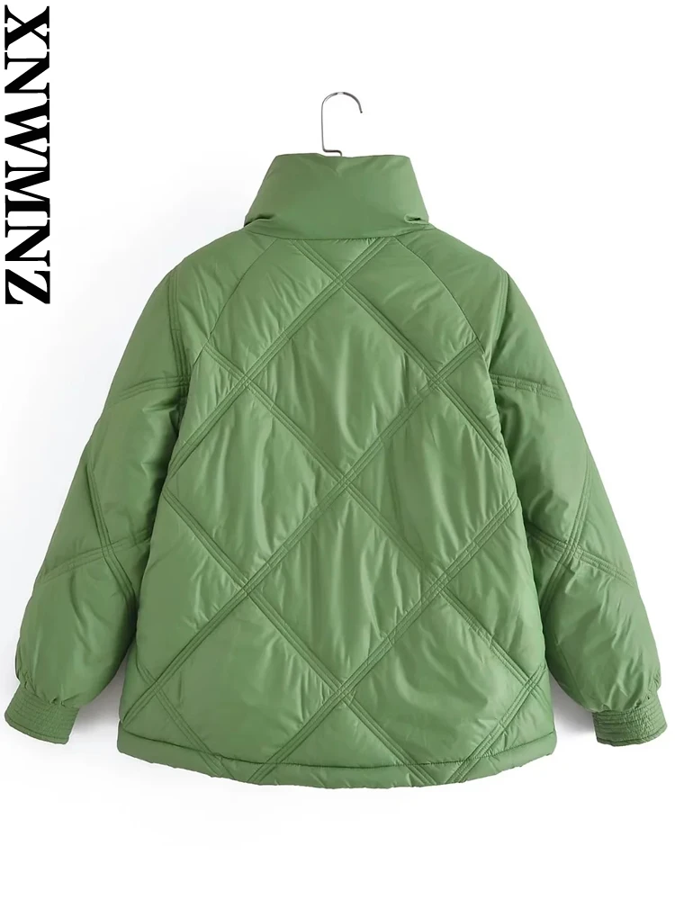XNWMNZ 2022 women fashion diamond-shaped lattice cotton padded clothes woman loose short winter coat female chic cotton jacket