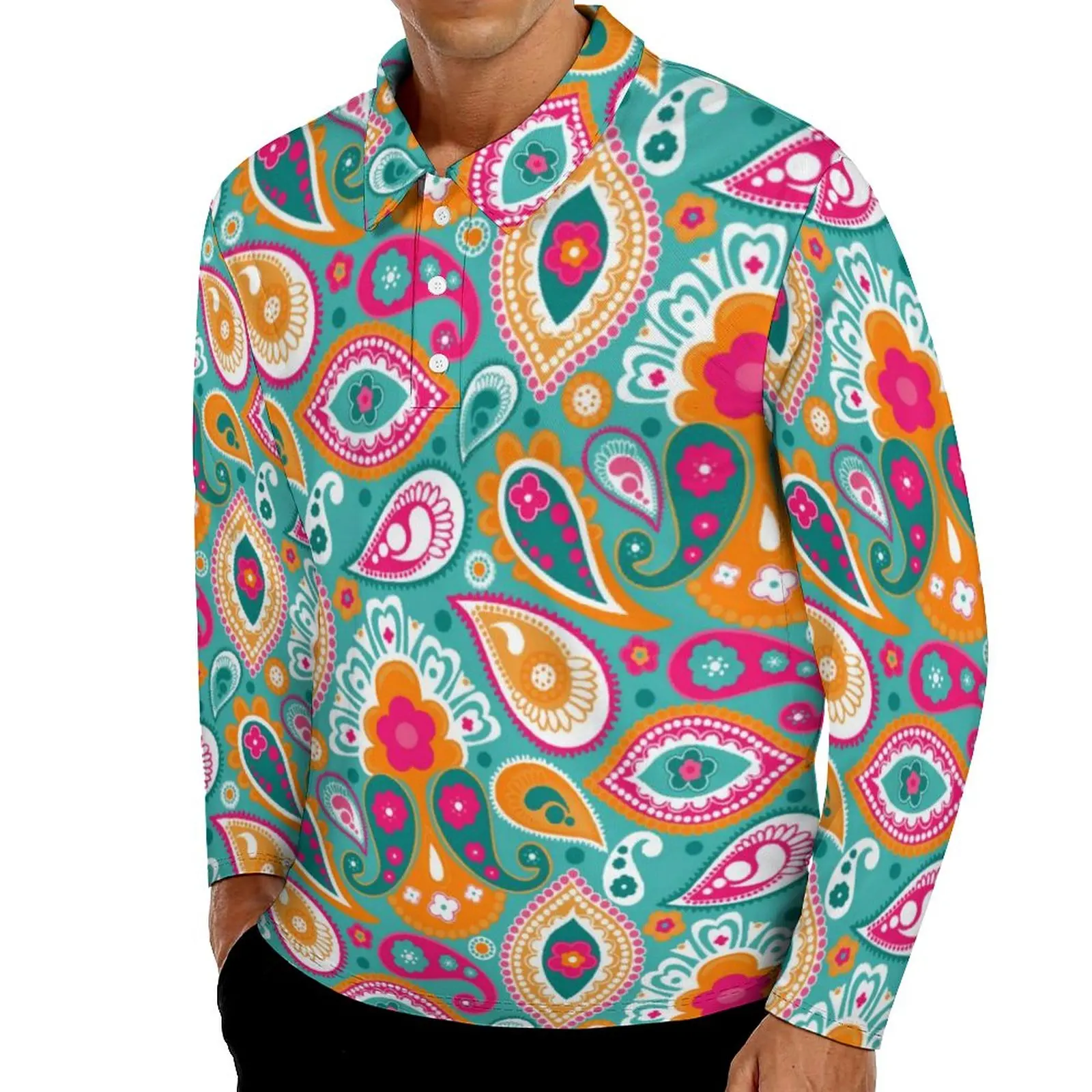 

Рубашка-поло в стиле бохо, ретро, с длинным рукавом и отложным воротником