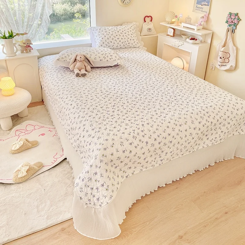 

White Chiffon Lace Ruffles Floral Quilted Bedspread Bed Skirt Bedlinen Mattress Cover Blanket Pillowcase Nordic Size Bedding Set