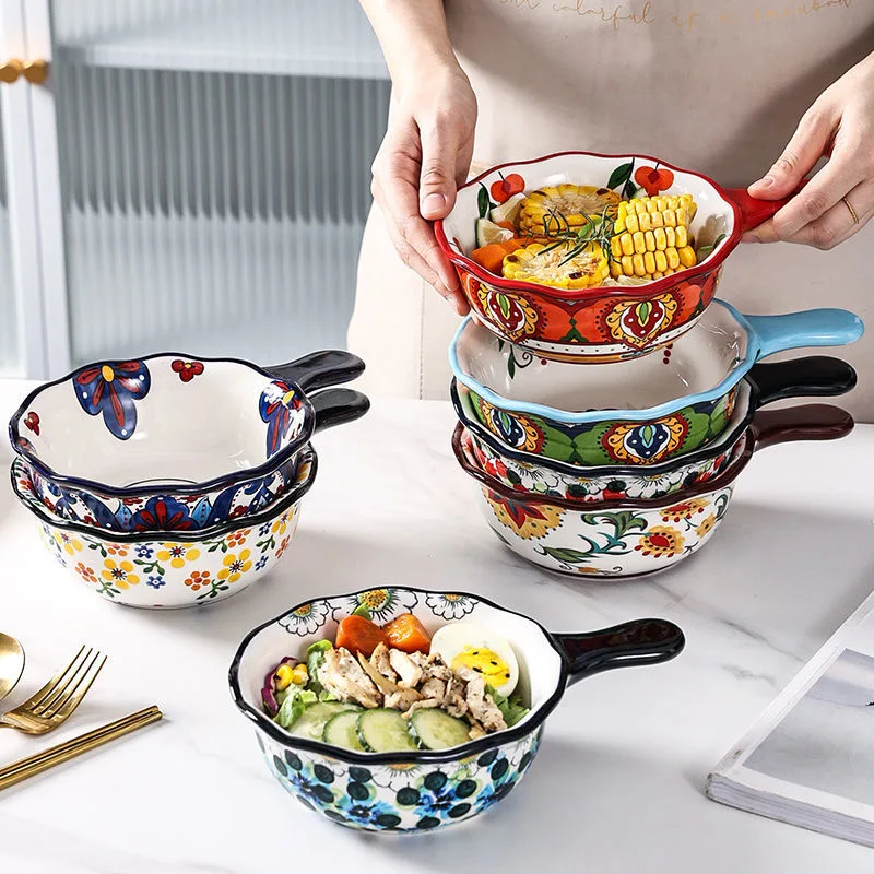 

Retro Bohemian Household Ceramic Single Handle Salad Rice Ramen Soup Bowl Fruit Breakfast Cereal Kitchen Microwave Tableware