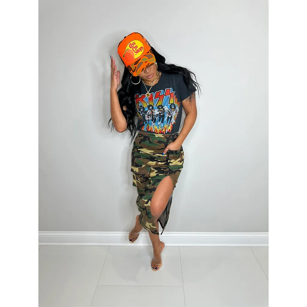 

2023 Fashion Casual Street Camouflage Long SkirtsWomen Sexy High Waist with Pocket High Split Bodycon Pencil Cargo Skirt