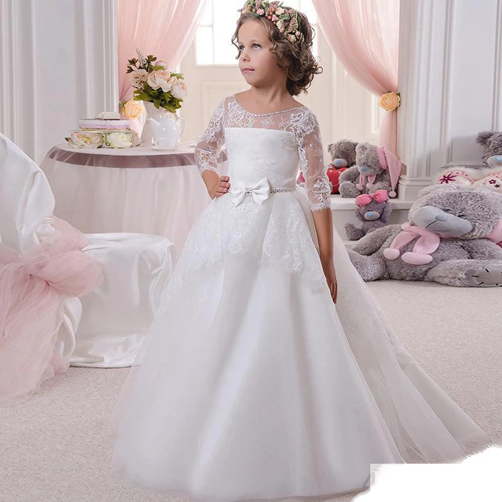 

Элегантные белые кружевные платья с цветами для девочек, платья из тюля с рукавами 3/4 и бисером для принцессы, детские платья на свадьбу для первого причастия