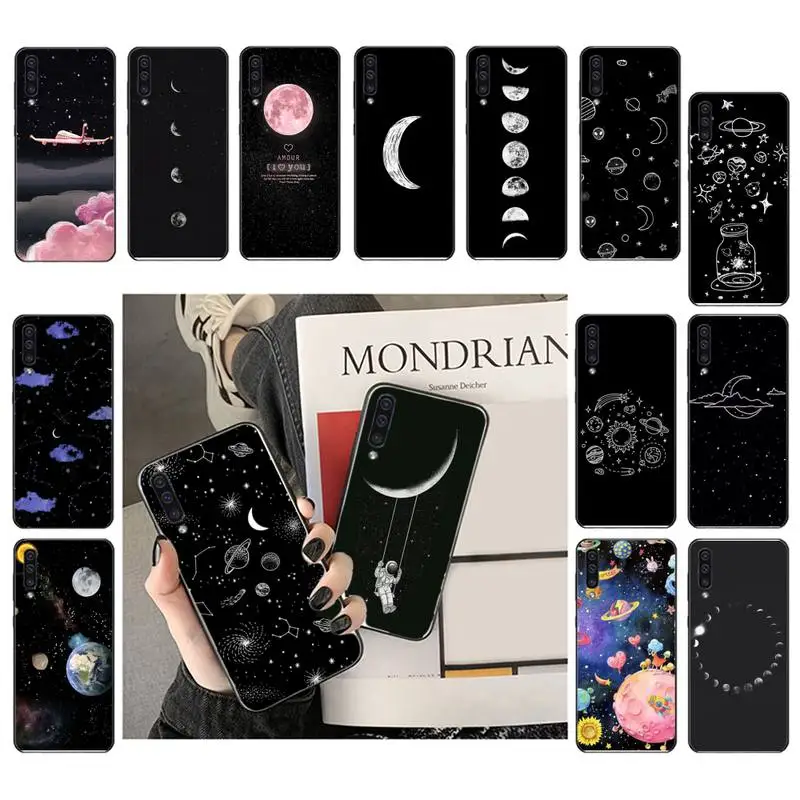 

Black with white moon stars space astronaut Phone Case For Samsung A50 A32 A11 A12 A02 A52 A21 M31 A72 A51 A70 A71 A21S