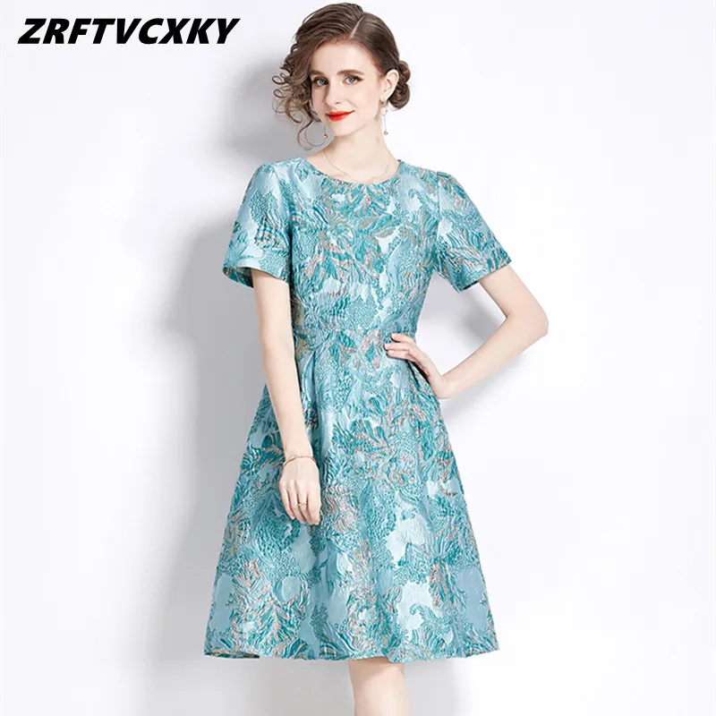 

2024 Summer Retro Jacquard Midi Dresses Vestidos Women Elegant Short Sleeve Fashion Office Casual Evening Party Dress