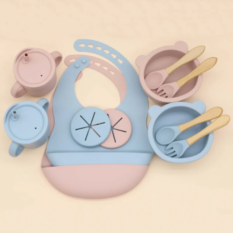 

Безопасные детские однотонные Мягкие силиконовые нагрудники для младенцев, мишка, миска 2 в 1, вилка для ложки, легко чистится и водонепрониц...