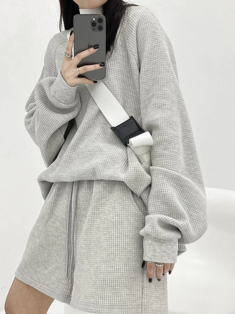 HOUZHOU Korean Fashion Gray Women Tracksuit Two Peice Set Long Sleeve Sweatshirt Oversized Elastic Waist Shorts Autumn Suits