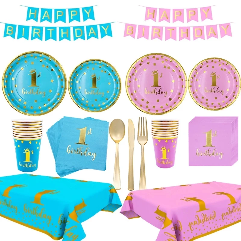 Boys' and girls' 1st birthday suit disposable Pink Blue Plate Straws Napkins Cup for Baby Shower 1 Year Old Birthday Party Decor