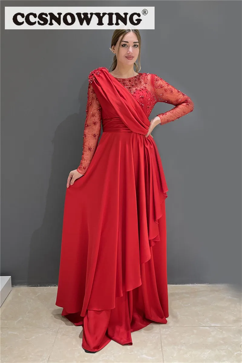 

Атласные вечерние платья с бусинами и длинным рукавом, трапециевидные платья для выпускного вечера, женское платье для вечеринки