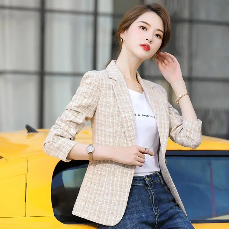 Big Size 5XL Autumn Spring Women's Blazers Plaid Double Breasted Pockets Formal Jackets Checkered Outerwear Tops Streetwear