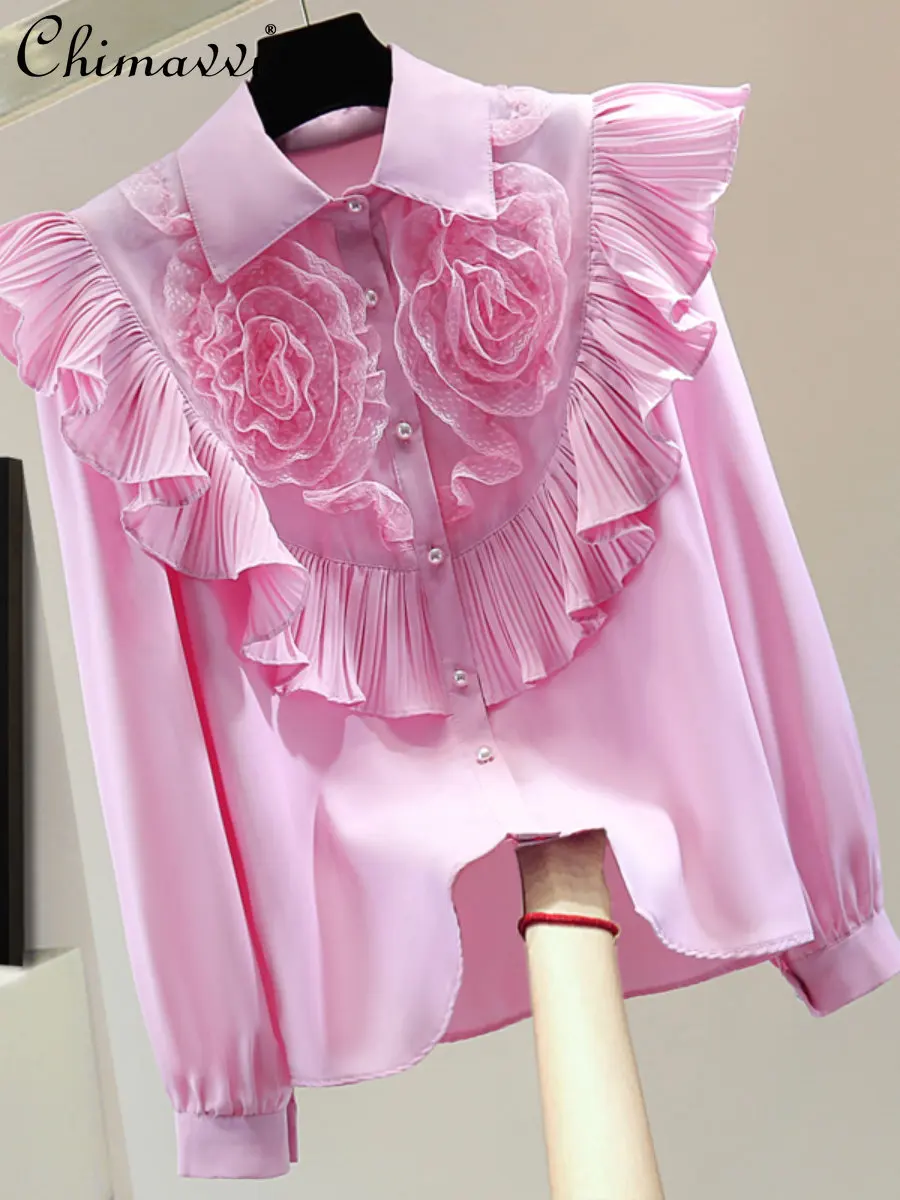 

Lace Embroidery Pleated Long Sleeve Shirt 2023 Spring New Korean Style Fashion Loose Slimming Ruffle Casual Blouse Women