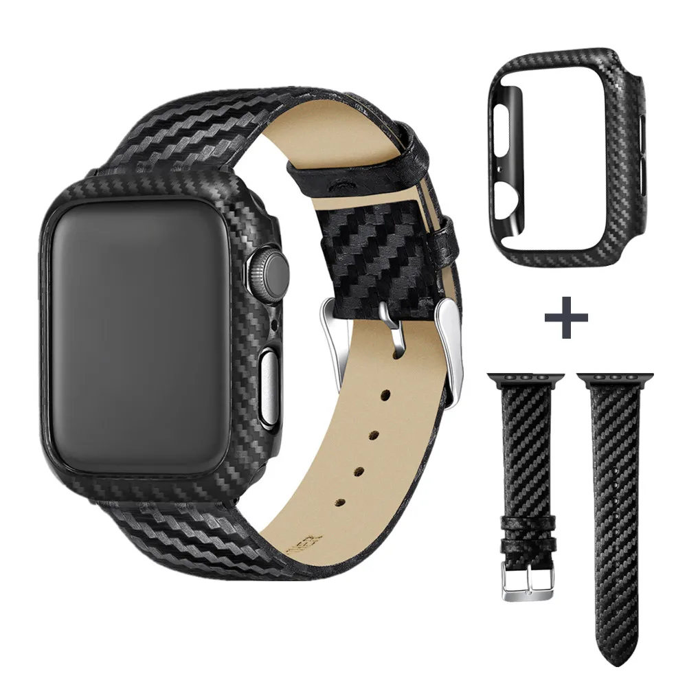 

Черный ремешок из углеродного волокна + чехол для Apple Watch Band Series SE 6 5 4 3, кожаный чехол для iWatch 40/44 мм 38/42 мм 41/45 мм