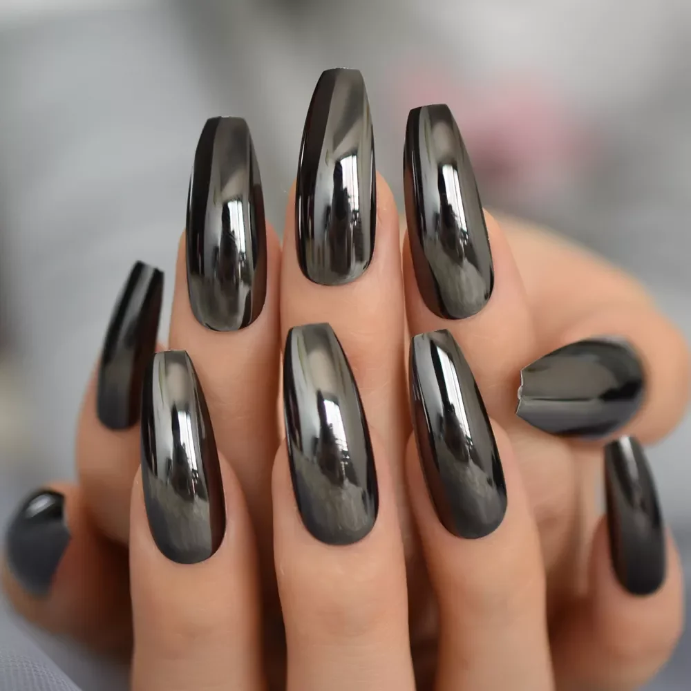 

Reflective Mirror Punk Design Silver Gray Metal Plating False Acrylic Nail Tips Metallic Ballerina Coffin Fake Nails