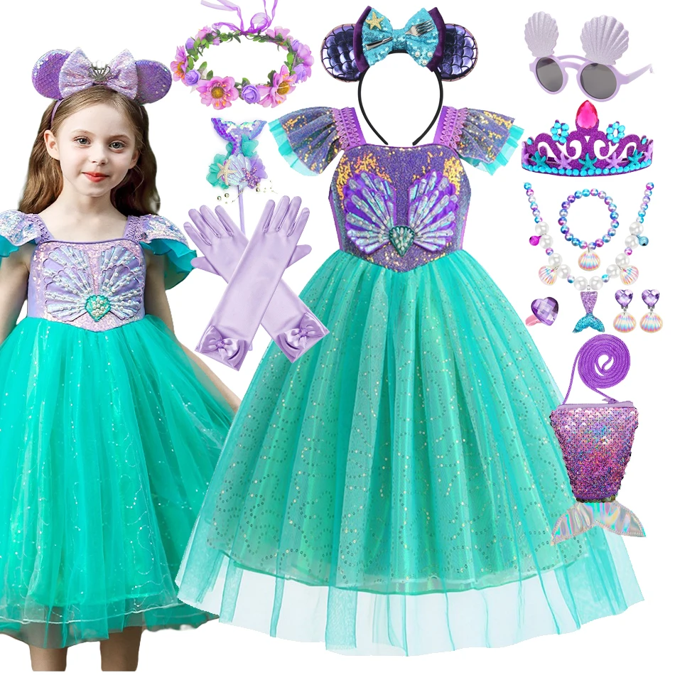 Детский Костюм Русалки Ариэль маленький сукин Сетчатое платье для косплея