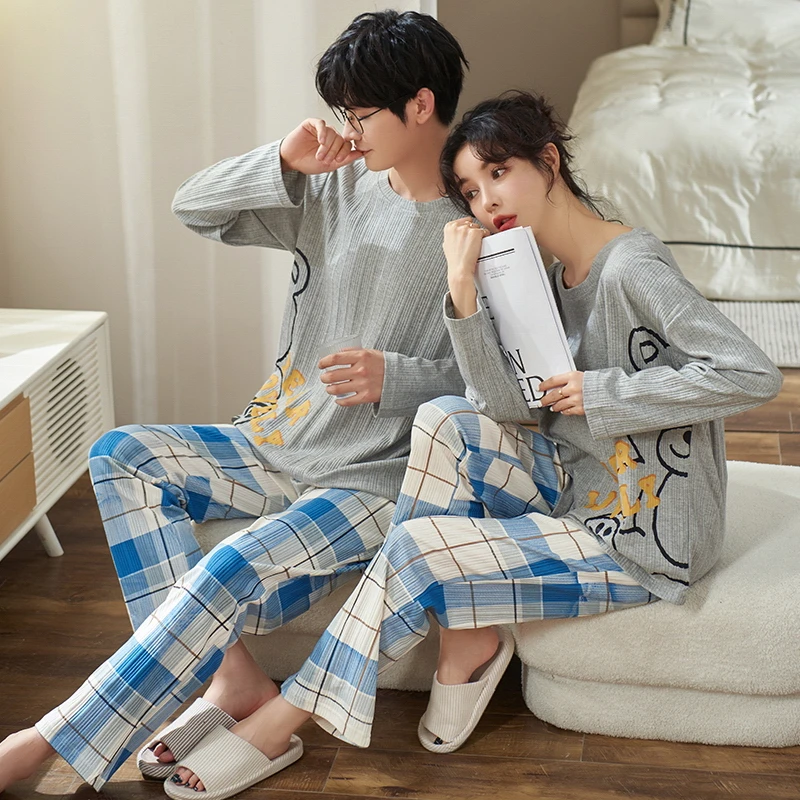 CAIYIER 2022 Cotton Winter Couple Pajamas Set Grid Print Mens Womens Nightwear Leisure Lovers Sweet Sleepwear Suit Soft Homewear