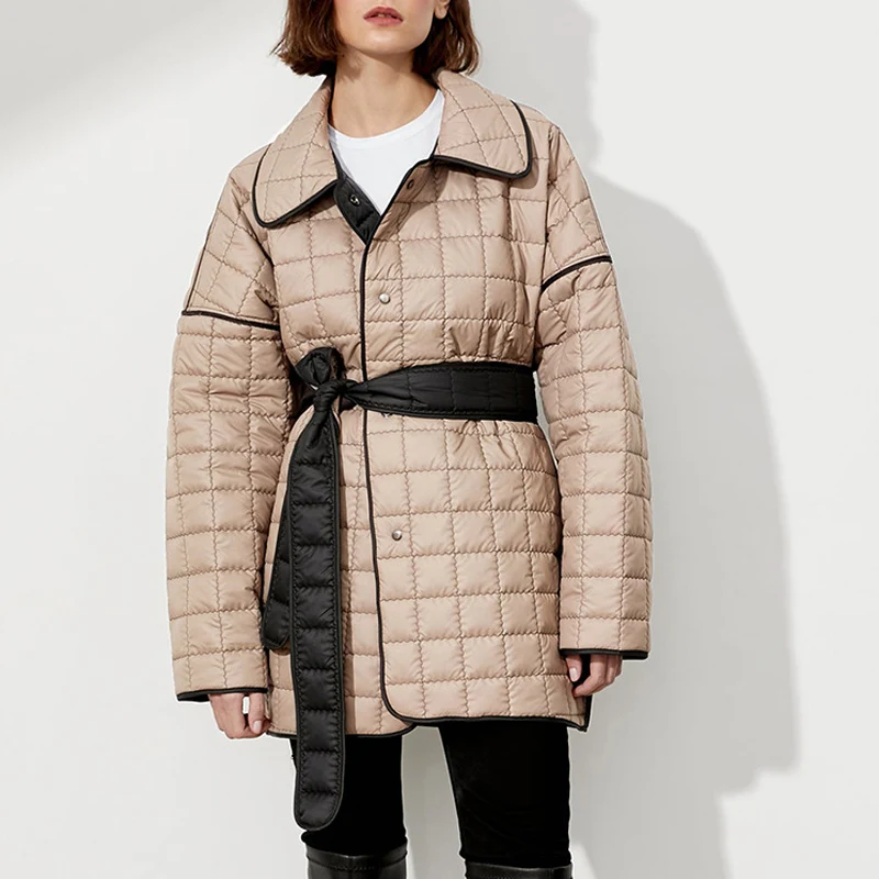 

Winter Fashion Women Coat Casual Checkered Cotton Padded Clothes Ladies Elegant Loose Outerwear Chic Belt Midi Jacket Streetwear