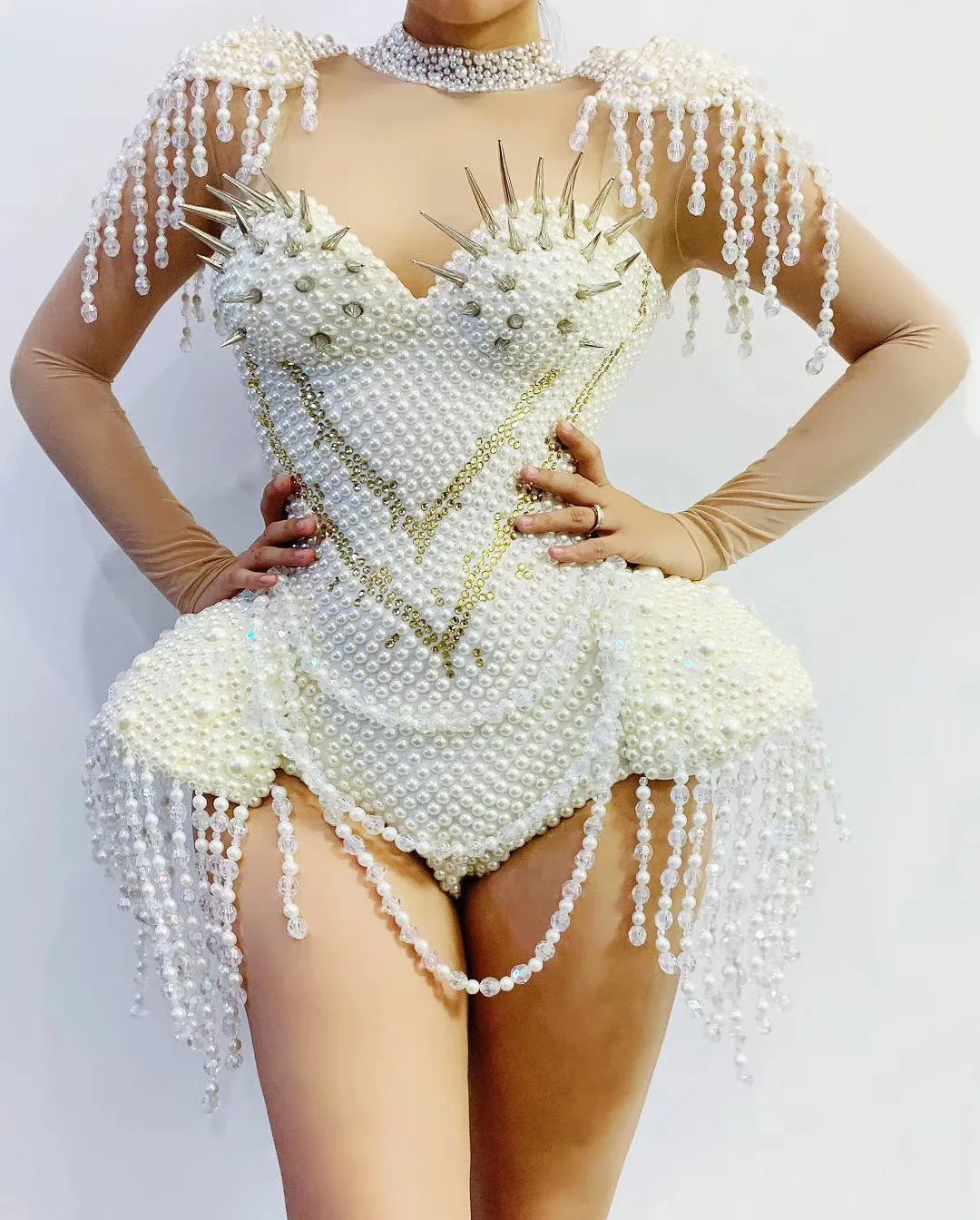 

Perspective Halter White Pearls Beading Rivet Backless Sexy Bodysuits For Women Stage Singer Perform Cloth Party Nightclub Wear