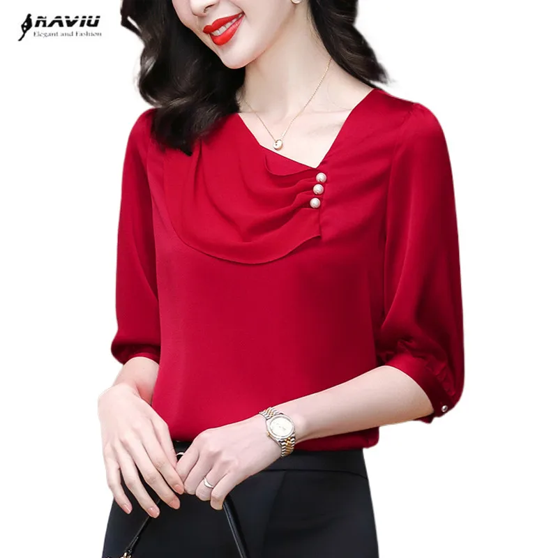 Женская шифоновая блузка с полурукавами красная дизайнерская офисная для работы