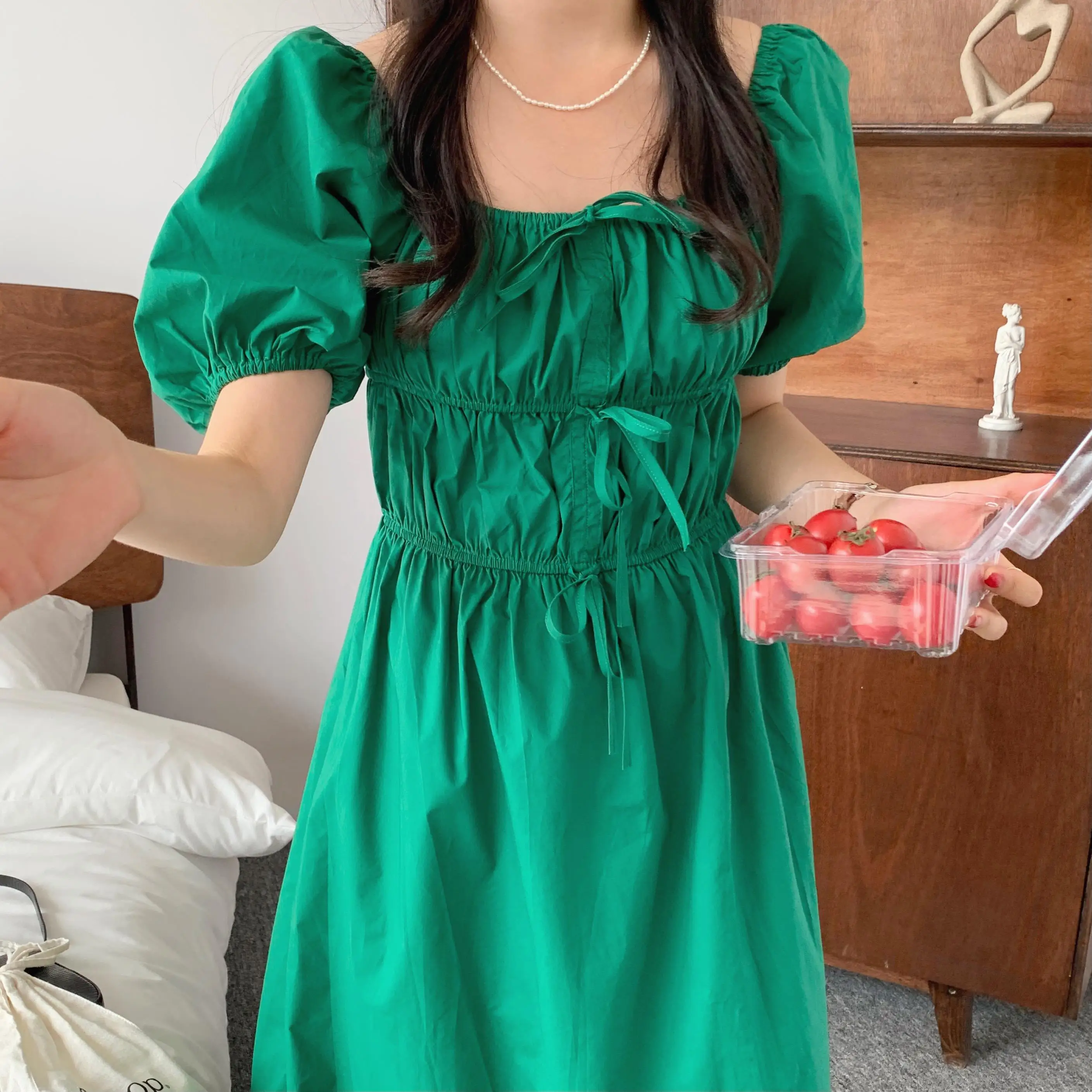 

COIGARSAM Elegant Dresses Women Brief Puff Sleeve Pleated High Waist Green Orange White Dress Dropshipping
