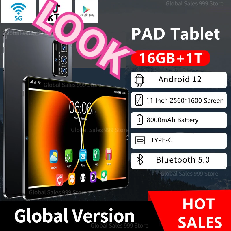 

2023 New Global Version 11Inch Tablet Android12 16GB Ram 1TB Rom Dual SIM 10 Core WPS GPS Bluetooth 5G Network GPS WPS Tablet PC