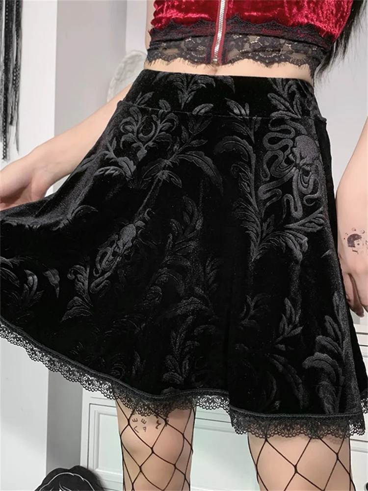 

2023 New Gothic Lace Trim Black Skirt Goth High Waist Mini Skirt Vintage Aesthetic A Line Women Skirts Grunge Darkness Outfits