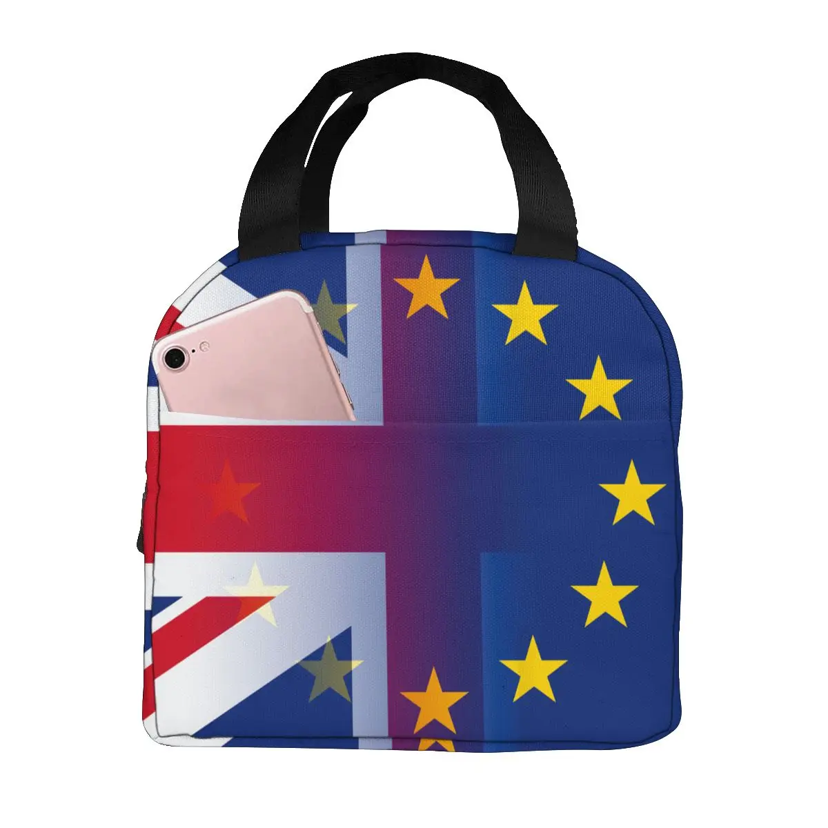 

United Kingdom European Union Flags Merging Lunch Food Box Bag Thermal Food Picnic Lunch Bag for Women kids Men Cooler Tote Bag