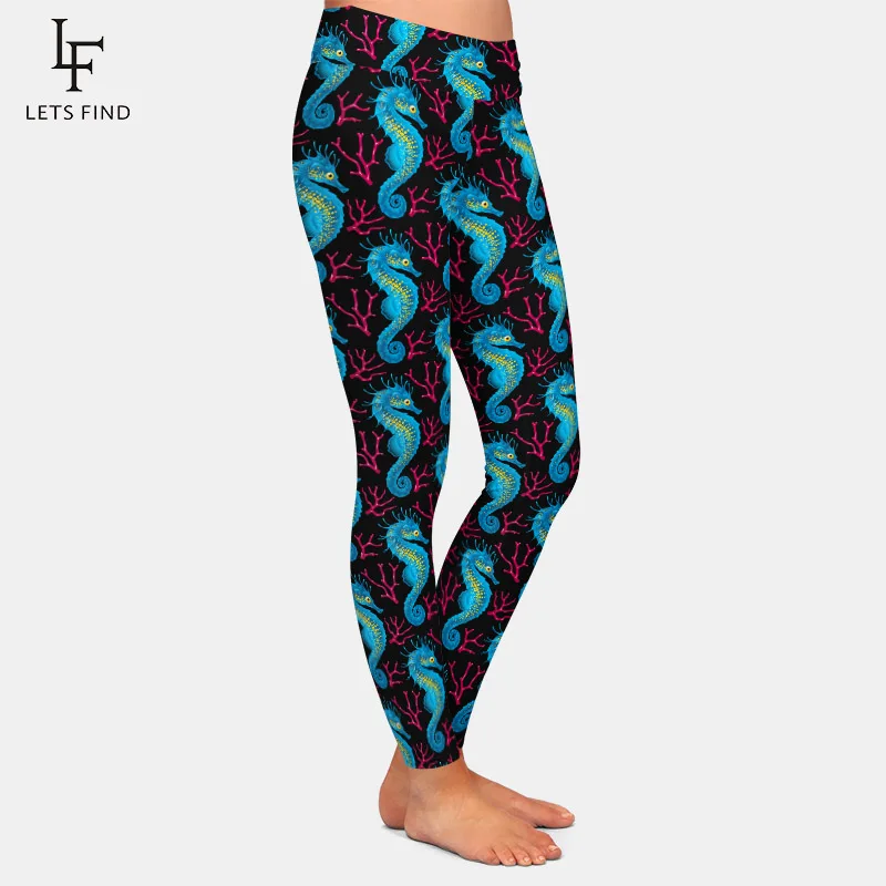 LETSFIND New Arrival Cartoon Hippocampus Printing Women Leggings High Waist  Trousers Stretch Pants Women Leggings
