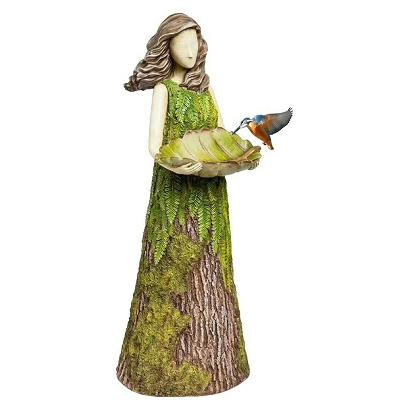 

Creative Sherwood Fern Fairy Statuary With Bird Feeder Wood-like Resin Ornament Leaf-shaped Bowl Outdoor Garden Statue Decor