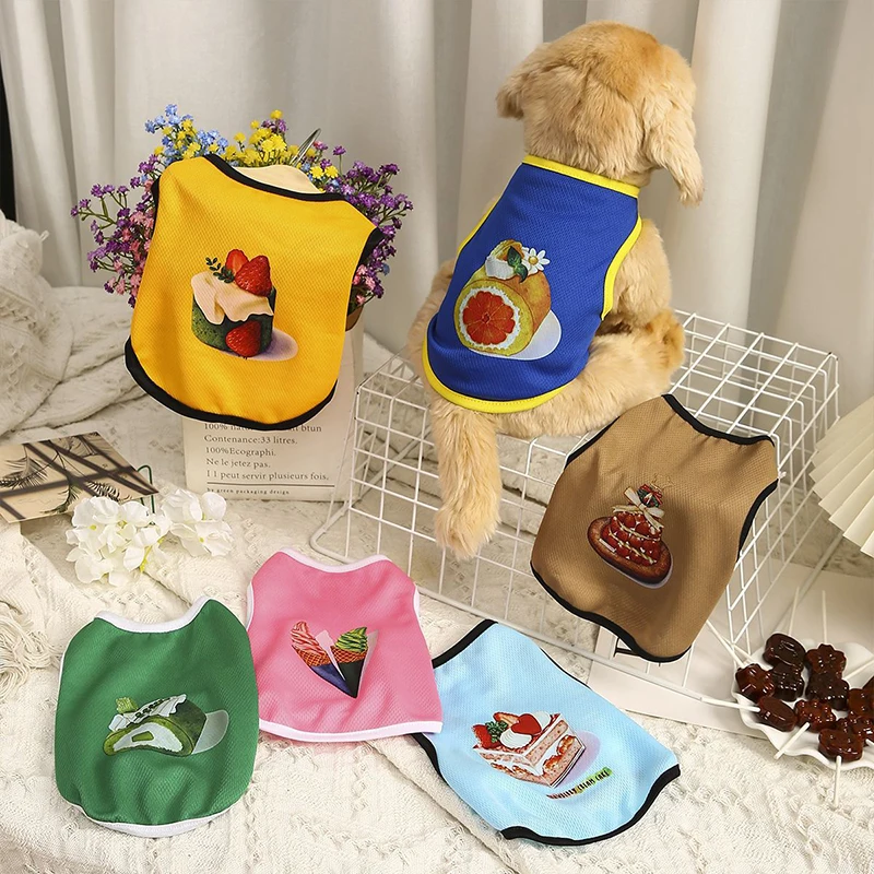 

Футболка для собак с принтом фруктов и тортов, летняя тонкая дышащая майка для щенков, рубашка без рукавов для чихуахуа, бульдога, одежда для...