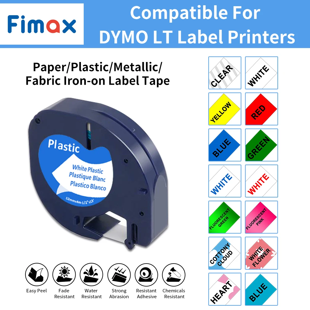 91200 12267 12mm Multicolor Plastic Label Tapes Compatible Dymo LetraTag Label Maker 91203 16951 Fabric Tape For LT-100H LT-100T