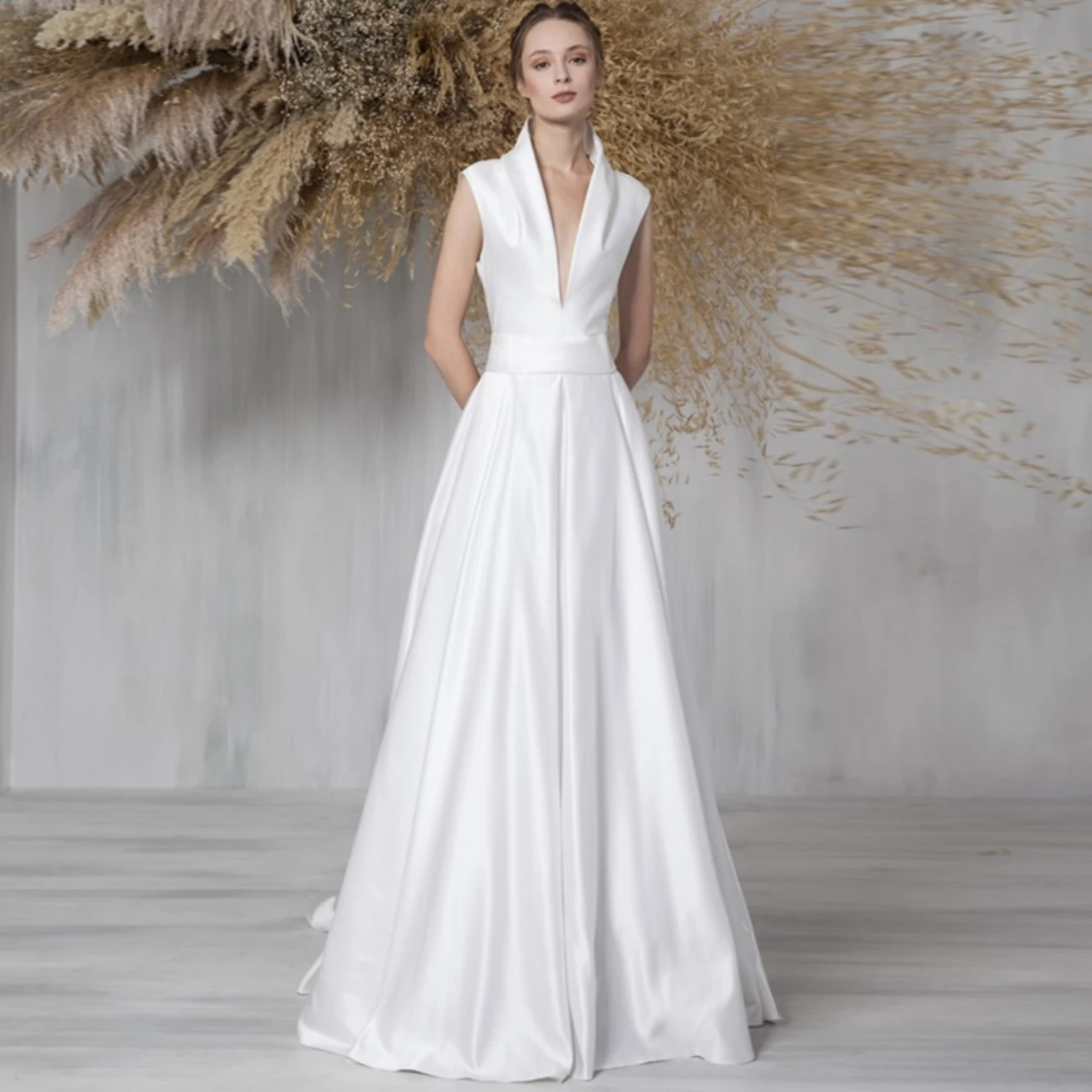 

V-neck Satin Dress A-line Wedding Dresses White Bridal Gown Custom Made Silk Women Clothing Open Back Elegant Dresses For Women