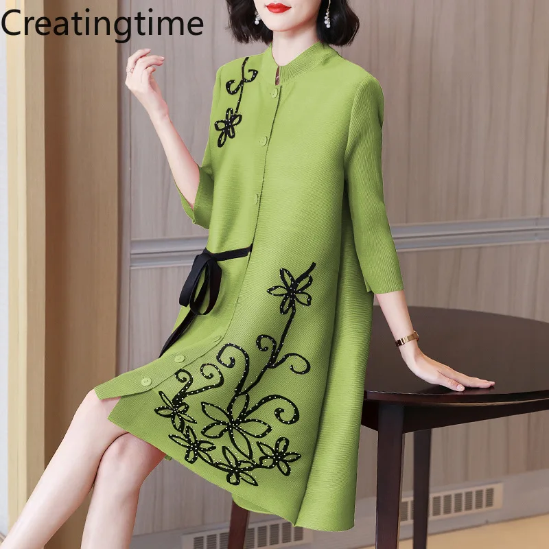 

Creatingtime 2022 Autumn New Stand Collar Pleated Printing Diamonds Patchwork Single Breasted Fashion Women's Loose Dress LH202