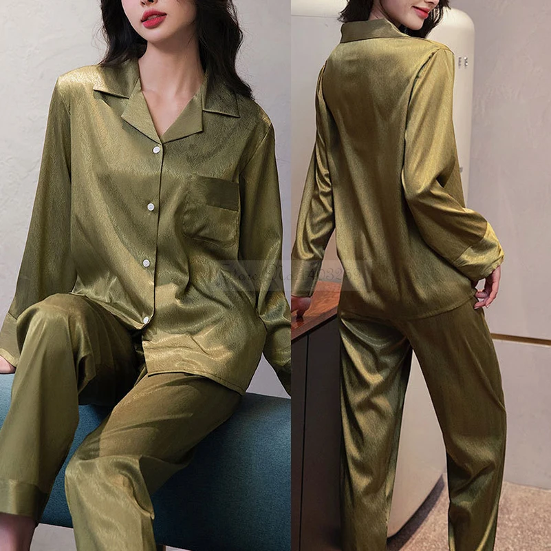 

Spring Autnmn Long Sleeve Green Silk Satin Trouser Suits Female Pajamas Two-Piece Set Shirt&Pant Home Clothes Casual Lounge Wear
