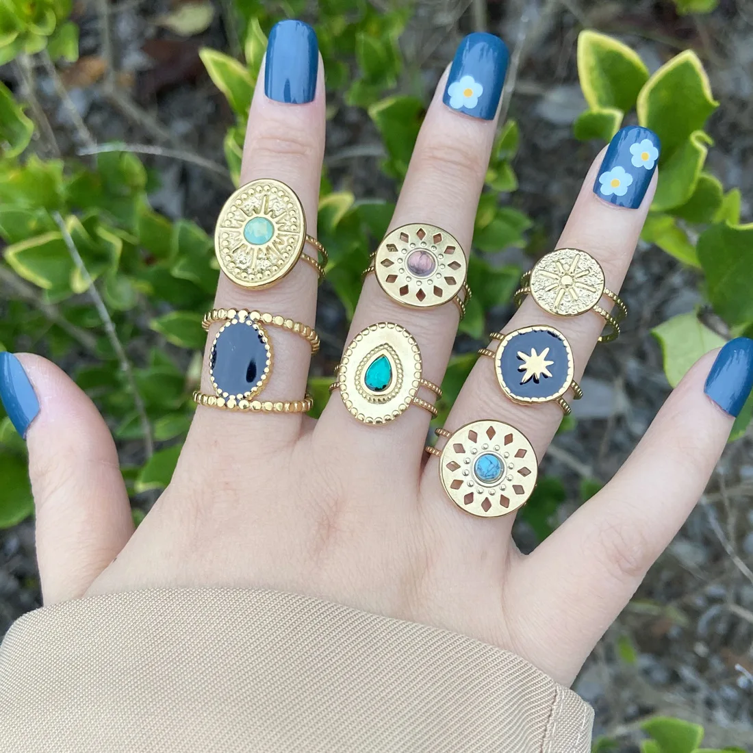 Женское кольцо из нержавеющей стали с натуральным камнем | Украшения и