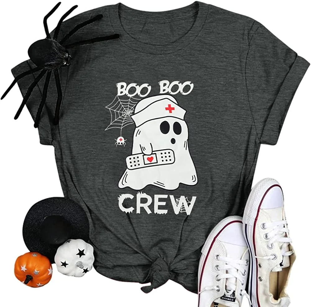 

Halloween Nurse Shirt Women Boo Crew T-Shirt Funny Ghost Nurse Graphic Tee Tops DW409