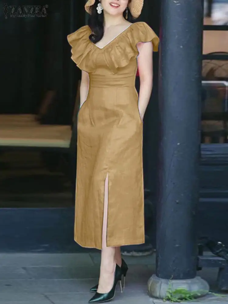 

Платье ZANZEA женское длинное с оборками, пикантное модное однотонное повседневное с V-образным вырезом и карманами, средней длины без рукавов, лето 2023