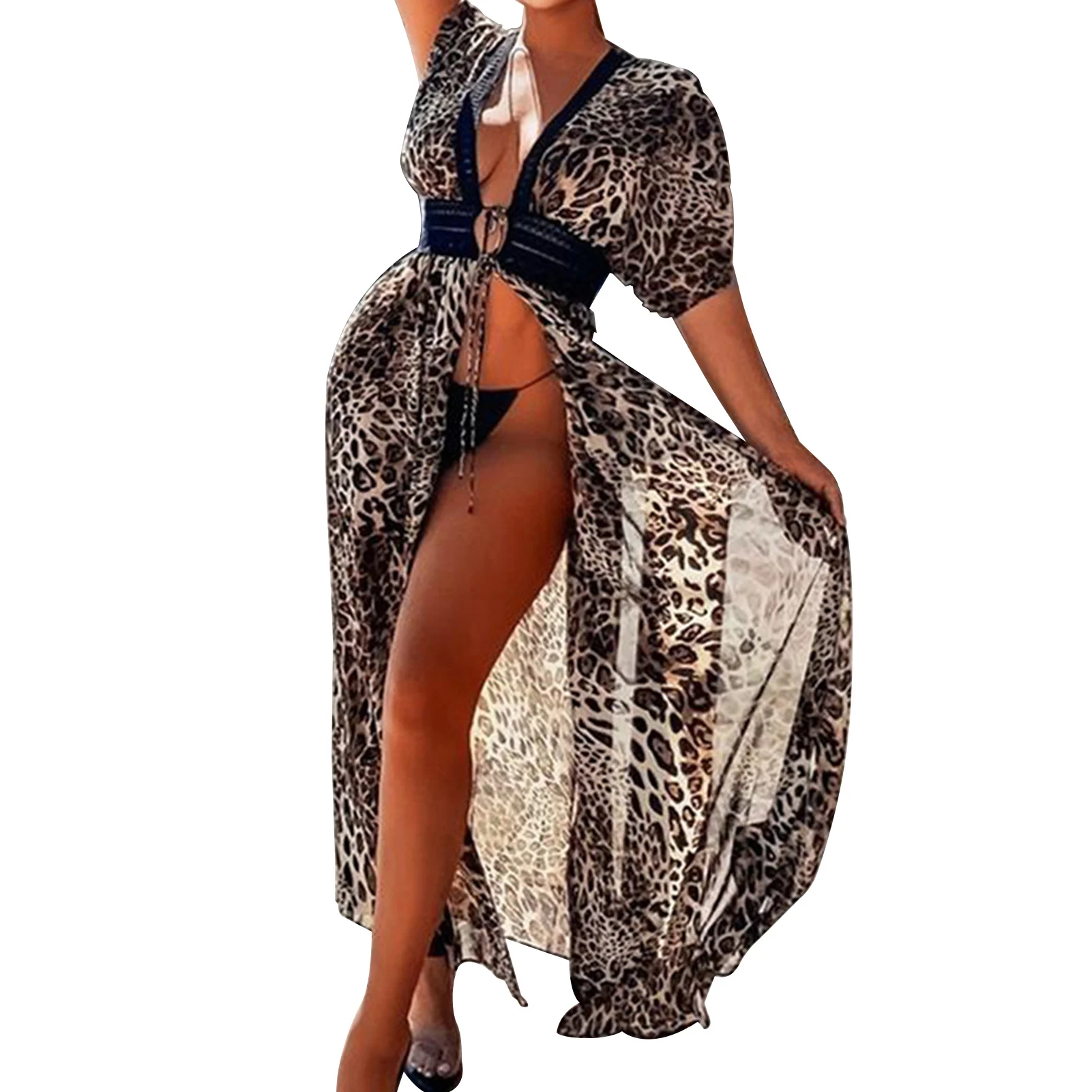 

Women Sexy Bathing Summer Beach With Drawstring Short Sleeve Long Floral Print Deep V Neck Adjustable Soft Swimsuit Cover Up