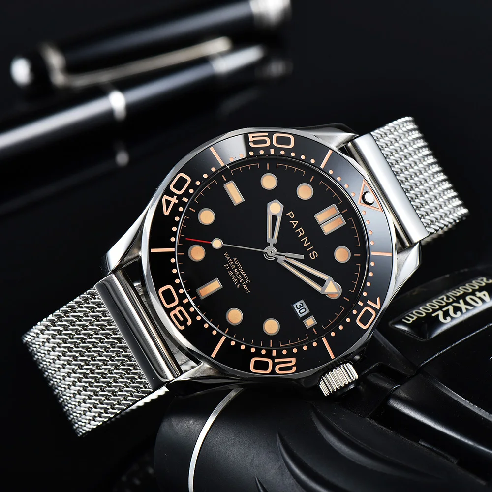 

Parnis 42mm Silver Stainless Steel Case Automatic Mechanical Men's Watch Calendar Miyota 8215 Wristwatch relogio masculino 2022