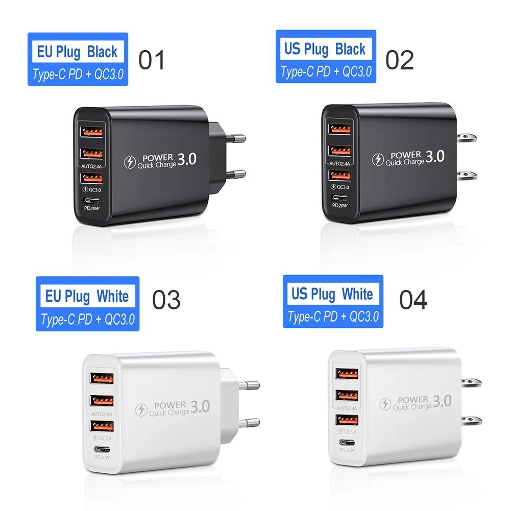 20W PD 4 Ports USB 5V4A Charge Power Adapter Mobile Phone Charger QC3.0 Charging EU/US Plug Outlet Travel Charger 110V 220V images - 6
