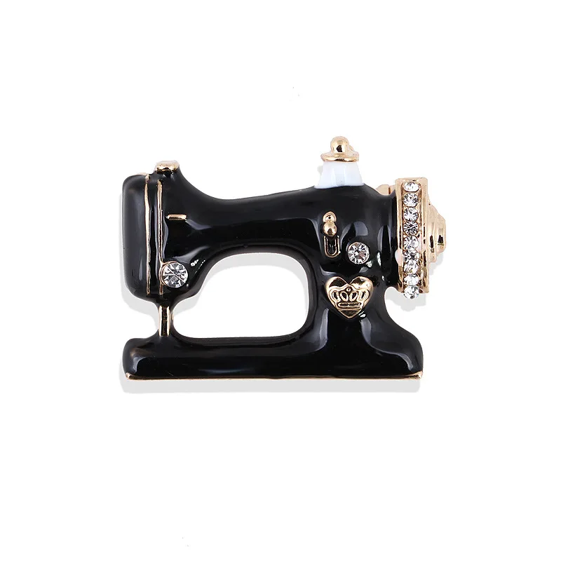 

TULX Rhinestone Sewing Machine Brooch Pins Women Black Enamel Brooches Jewelry Hijab Pin For Collar Suit Scarf Decoration