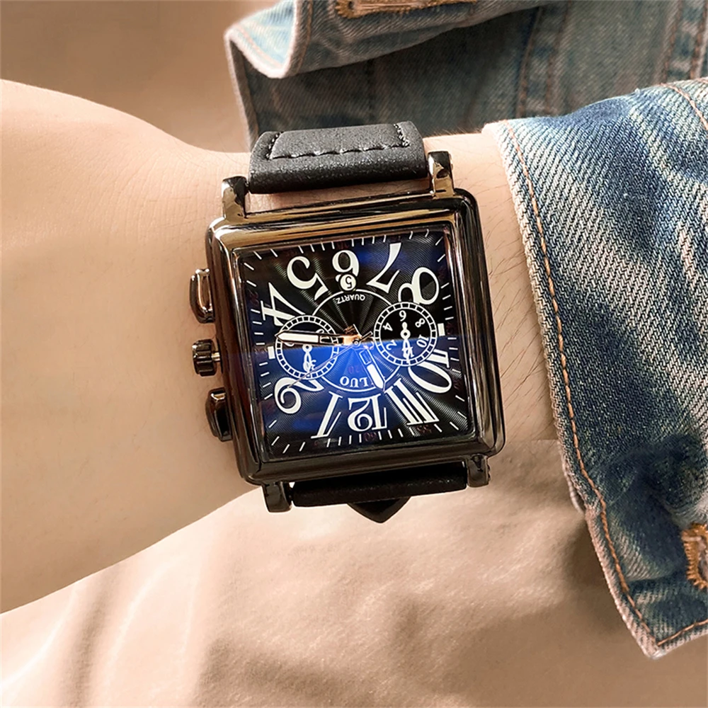 Часы наручные мужские кварцевые с квадратным большим циферблатом роскошные