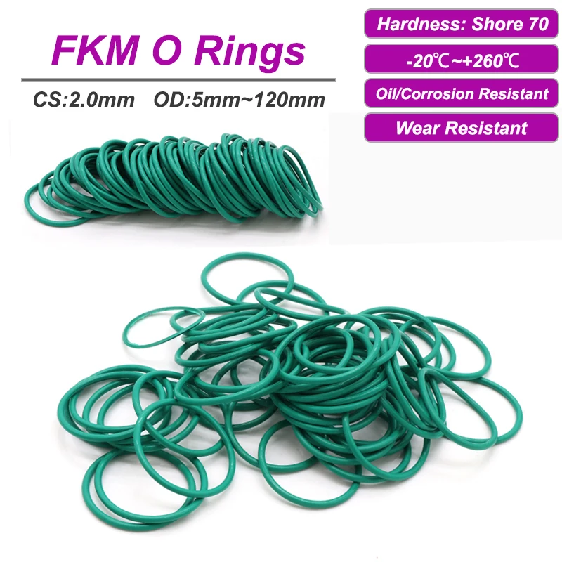 

10/50 шт. зеленое уплотнительное кольцо FKM CS 2,0 мм наружный диаметр 5 ~ 120 мм круглые высокотемпературные маслостойкие уплотнительные прокладки из фтористой резины